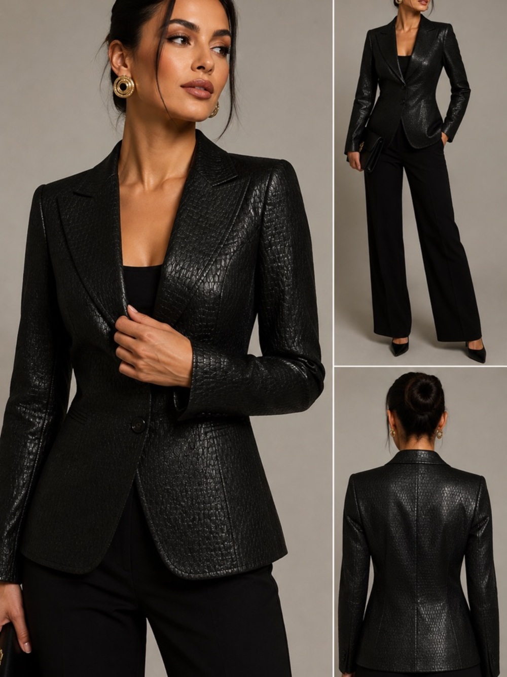 Vintage ESCADA Blazer Jacket Sz 42 Black Metallic Crocodile Textured Designer
